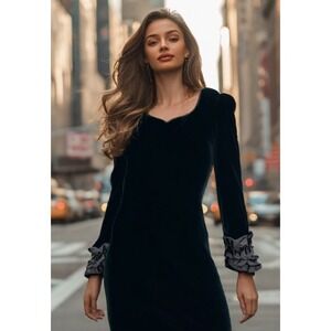 90s Velvet Dress Size 4 Small Womens Black Floral Kung Long Sleeve Ruffle Sheath